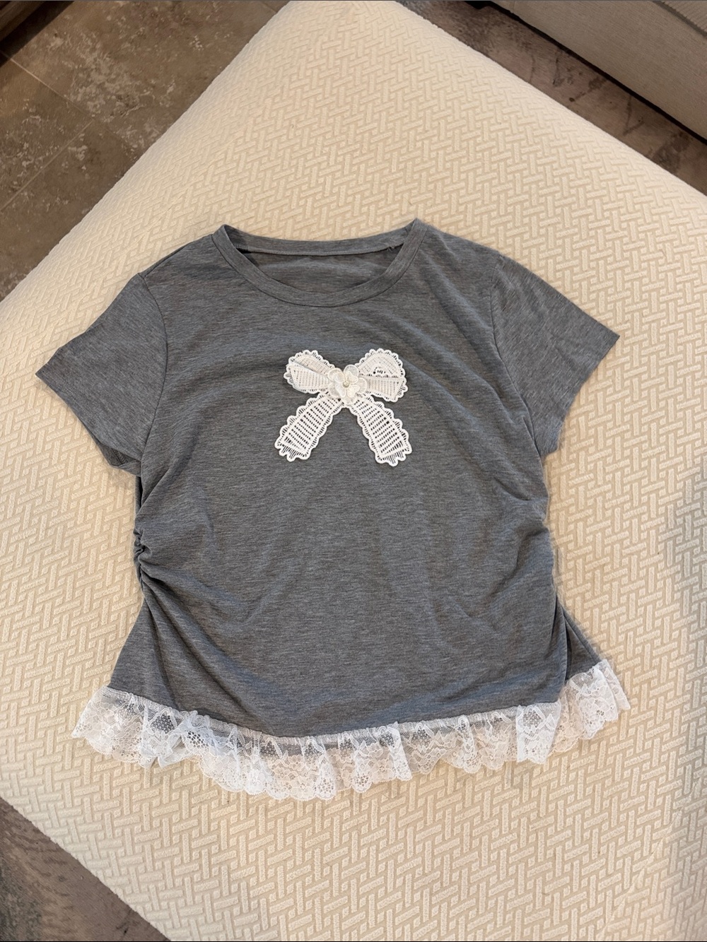 Girls lace hem T-shirt with bow.  Never worn. Super soft